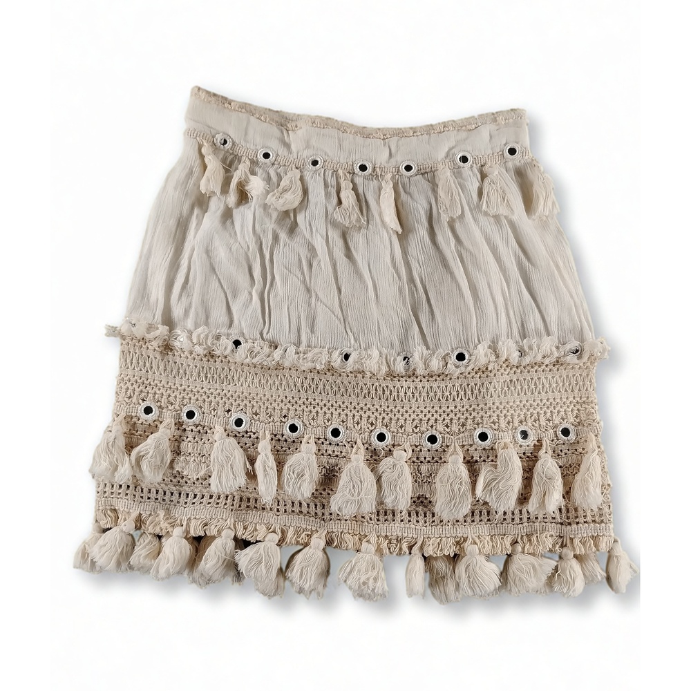 Raga Size S Boho Tasseled Mini Skirt Mirror Detail Cotton Viscose Short Skirt